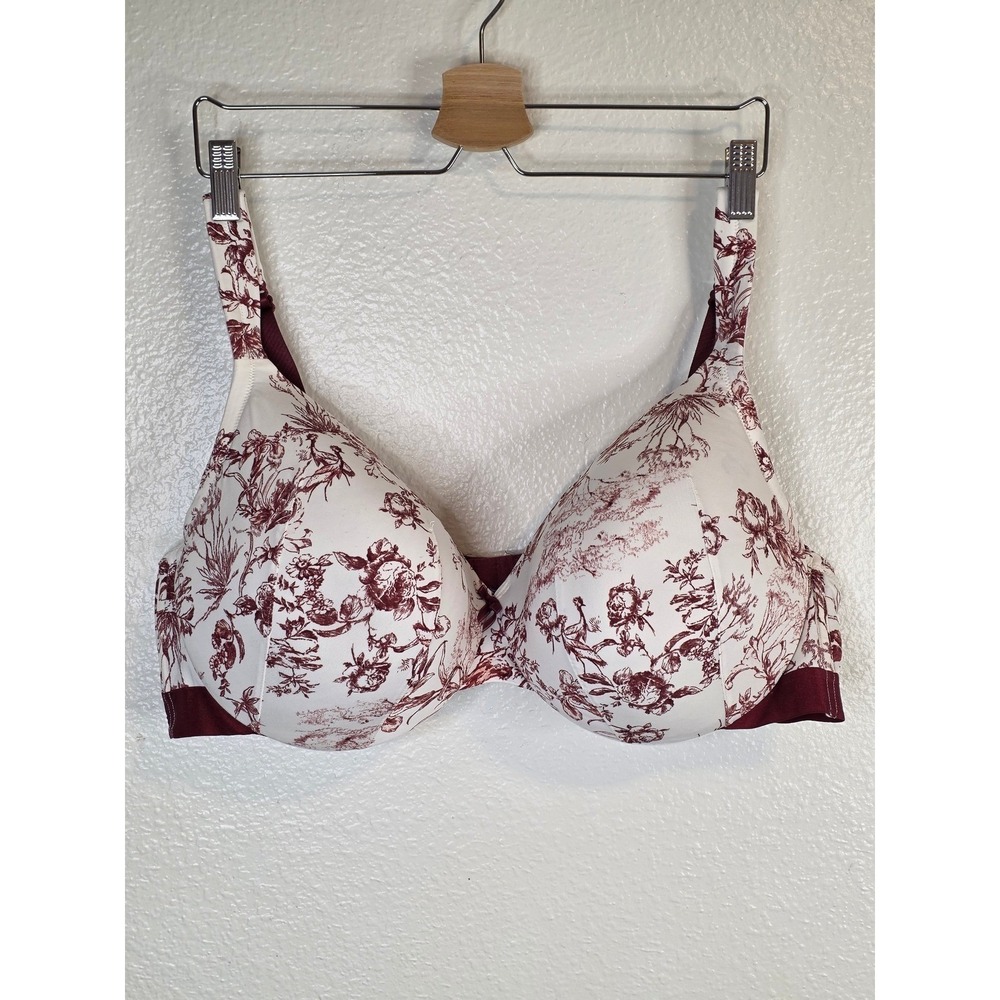 Cacique 46D Full Coverage Underwire Bra‎ White Burgundy Floral Toile Print Bow